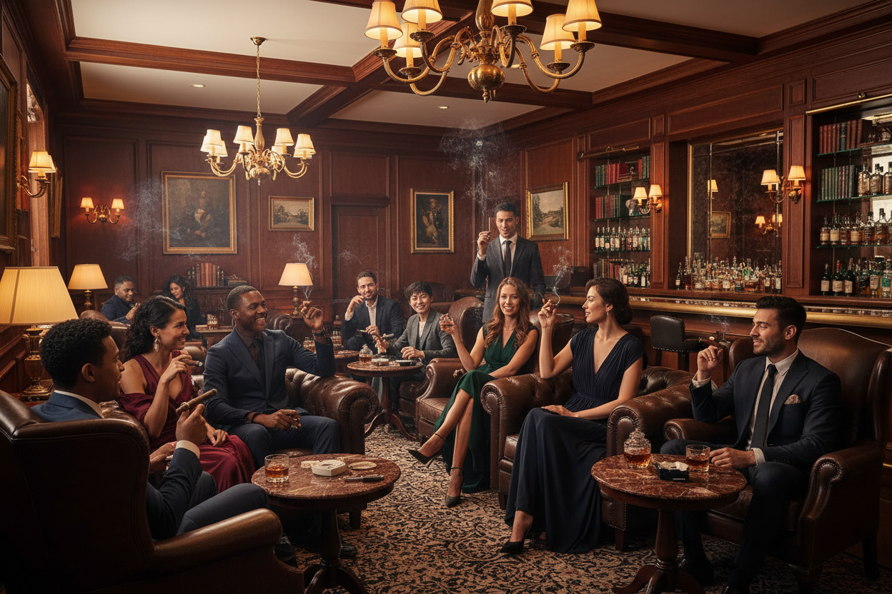 A layout with a photo of a very upscale and classy cigar lounge with very beautiful women and men of different ethnicities . Smoking cigars and enjoying Bourbon

